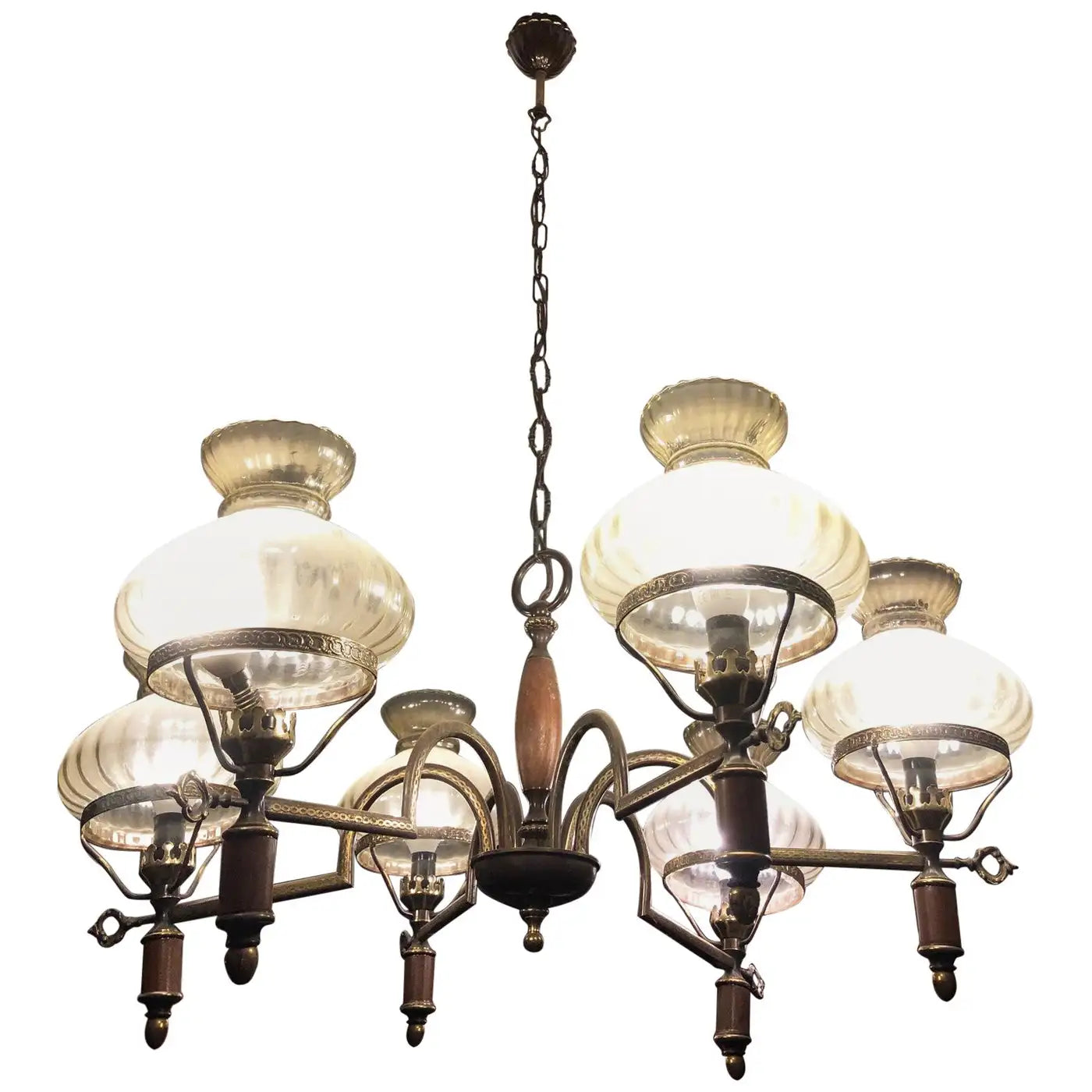 Lampadario degli anni 60 a sei luci in legno metallo e vetro